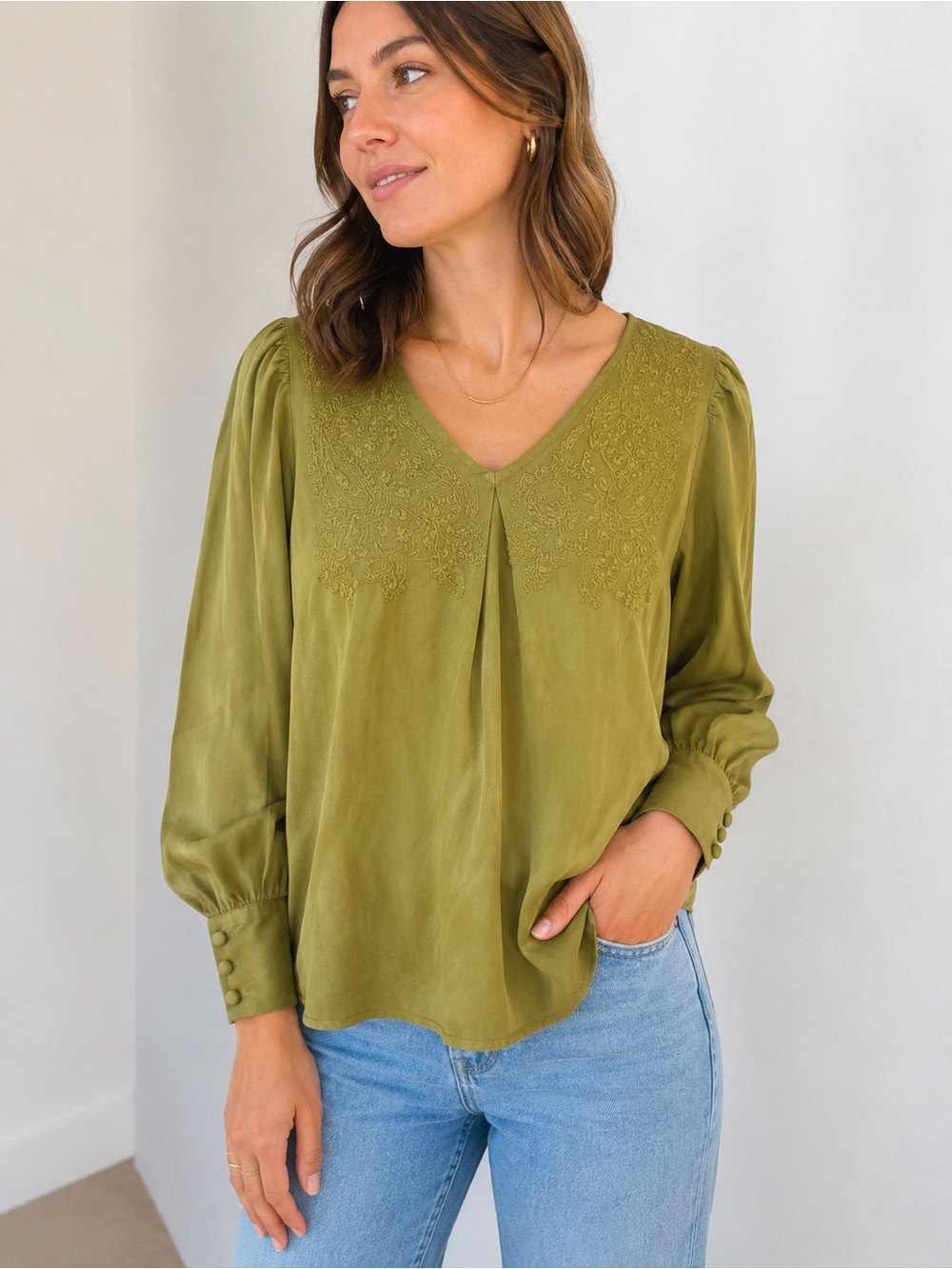 Joie Olive Green Lyocell Embroidered Blouse | Balloon Sleeve Boho Top Small
